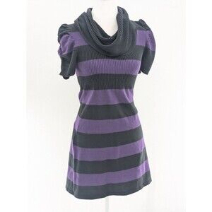 Takeout Vtg 90s Y2K Striped Purple Black Cowl Neck Ribbed Sweater Dress Size S/M